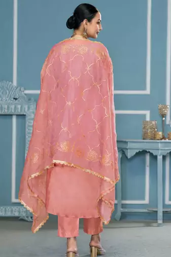 Peach embroidered cotton silk churidar dress-materials