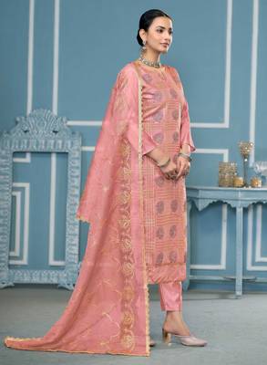 Peach embroidered cotton silk churidar dress-materials 4
