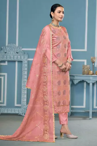 Peach embroidered cotton silk churidar dress-materials