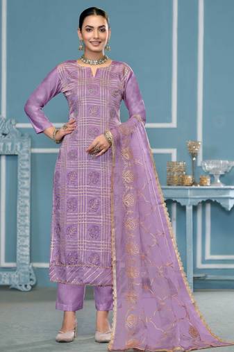 Purple embroidered cotton silk semi stitched churidar dress-materials