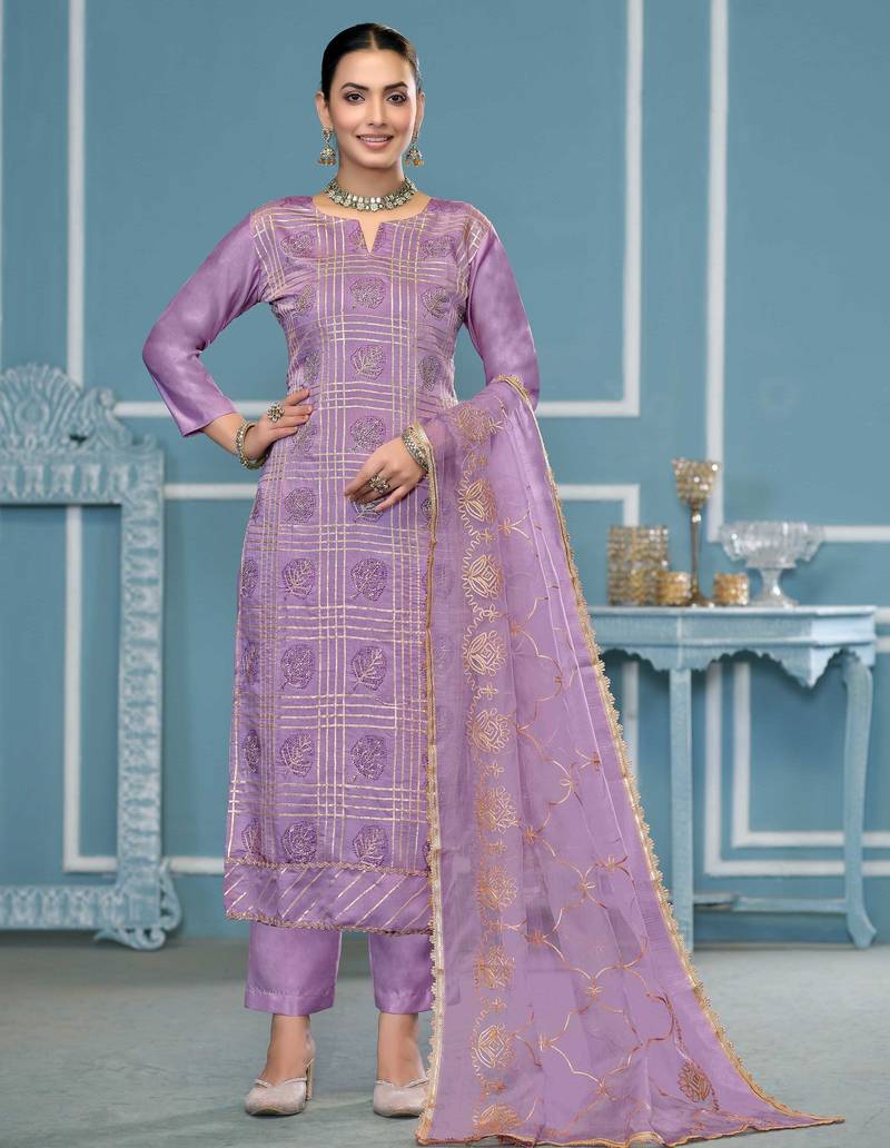 Purple embroidered cotton silk semi stitched churidar dress-materials