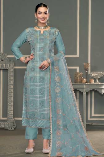 Turquoise embroidered cotton silk semi stitched churidar dress-materials
