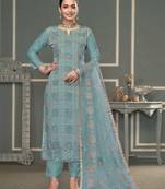 Turquoise embroidered cotton silk semi stitched churidar dress-materials