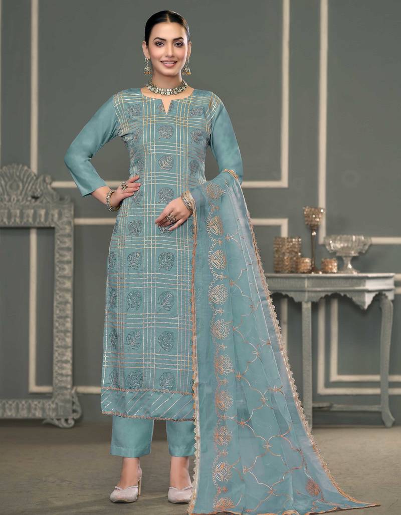Turquoise embroidered cotton silk semi stitched churidar dress-materials