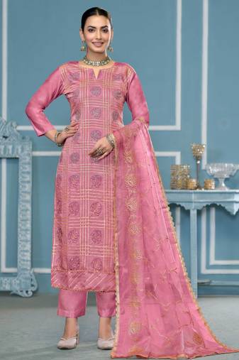 Pink embroidered cotton silk semi stitched churidar dress-materials