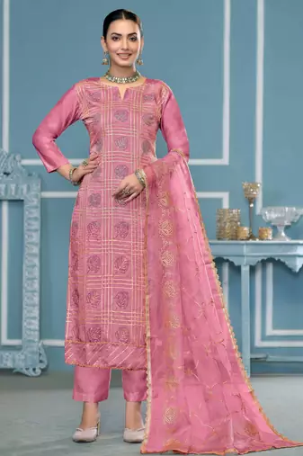 Pink embroidered cotton silk semi stitched churidar dress-materials