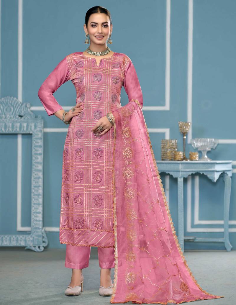 Pink embroidered cotton silk semi stitched churidar dress-materials
