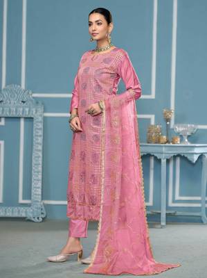 Pink embroidered cotton silk churidar dress-materials 2