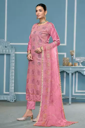 Pink embroidered cotton silk churidar dress-materials