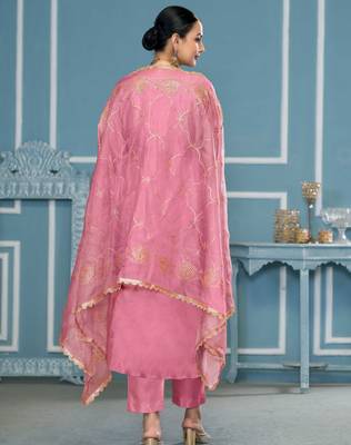 Pink embroidered cotton silk churidar dress-materials 3