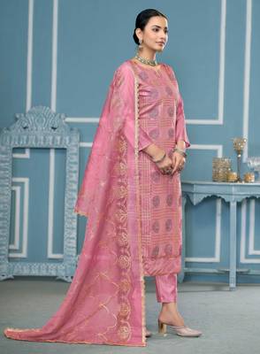 Pink embroidered cotton silk churidar dress-materials 4