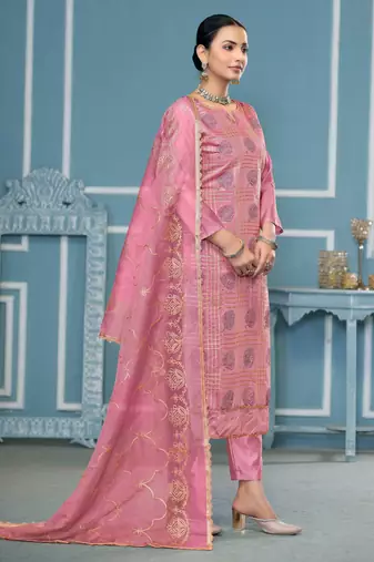 Pink embroidered cotton silk churidar dress-materials