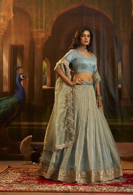 turquoise organza embroidered lehenga choli with dupatta 6