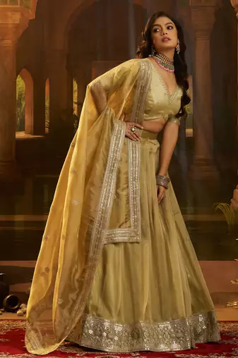 olive organza embroidered lehenga choli with dupatta