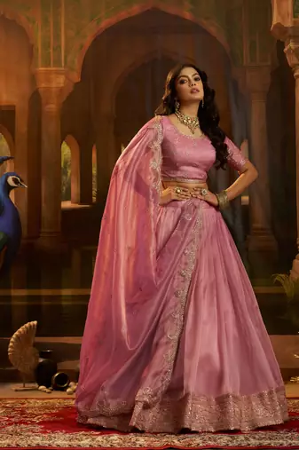 pink organza embroidered lehenga choli with dupatta