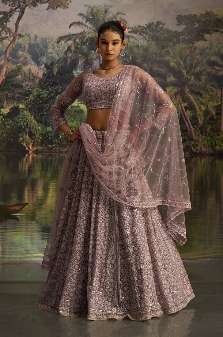 mauve net embroidered lehenga choli with dupatta