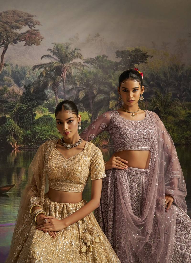 cream net embroidered lehenga choli with dupatta