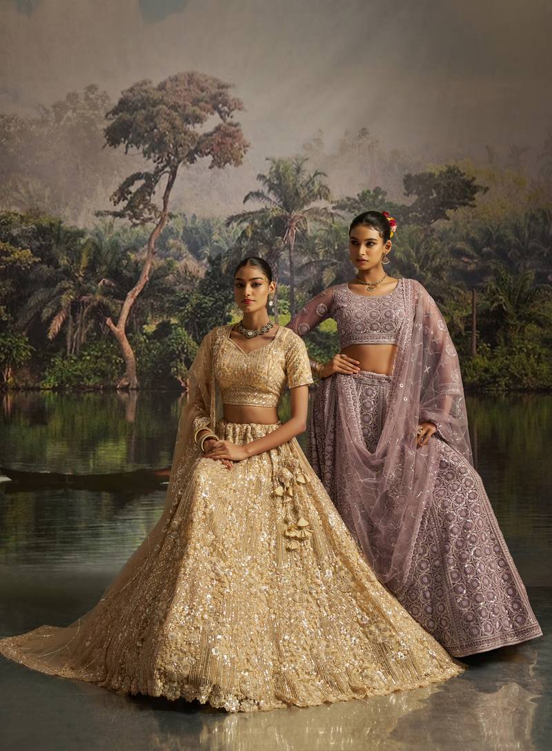 cream net embroidered lehenga choli with dupatta