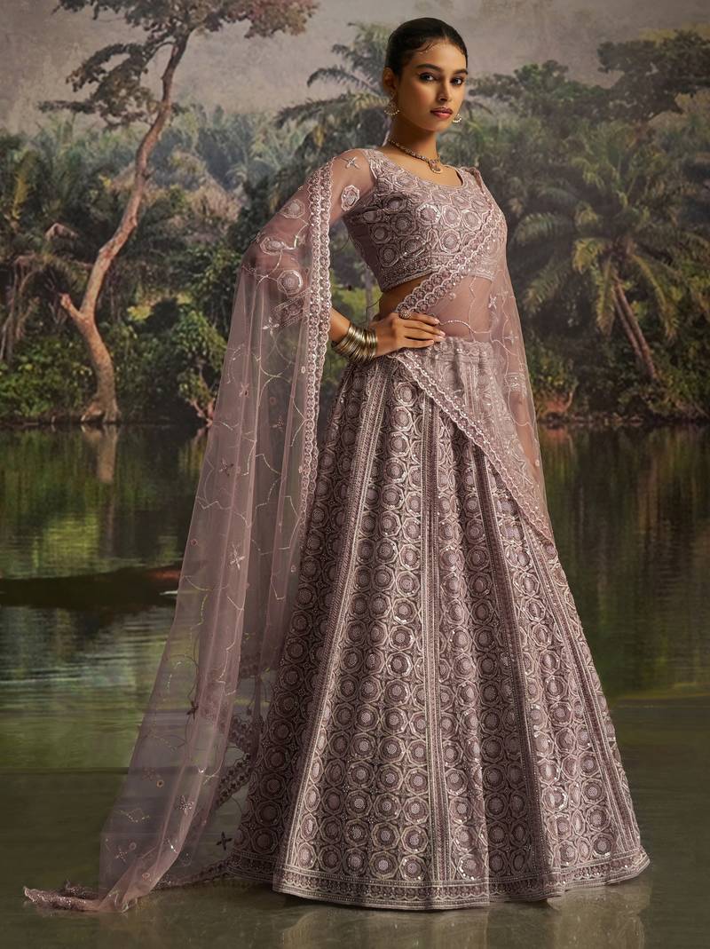 mauve net embroidered lehenga choli with dupatta