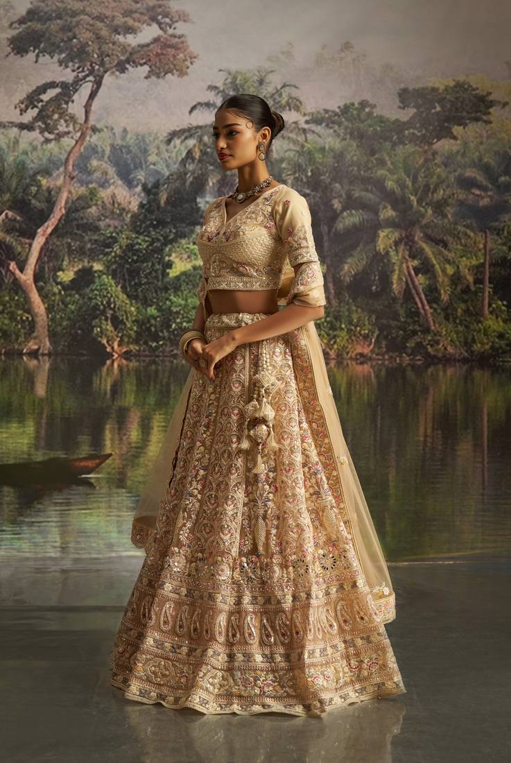 cream net embroidered lehenga choli with dupatta
