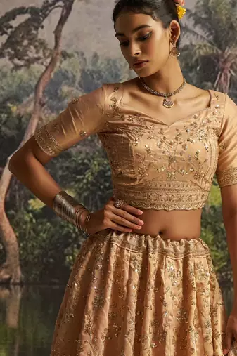 peach net embroidered lehenga choli with dupatta