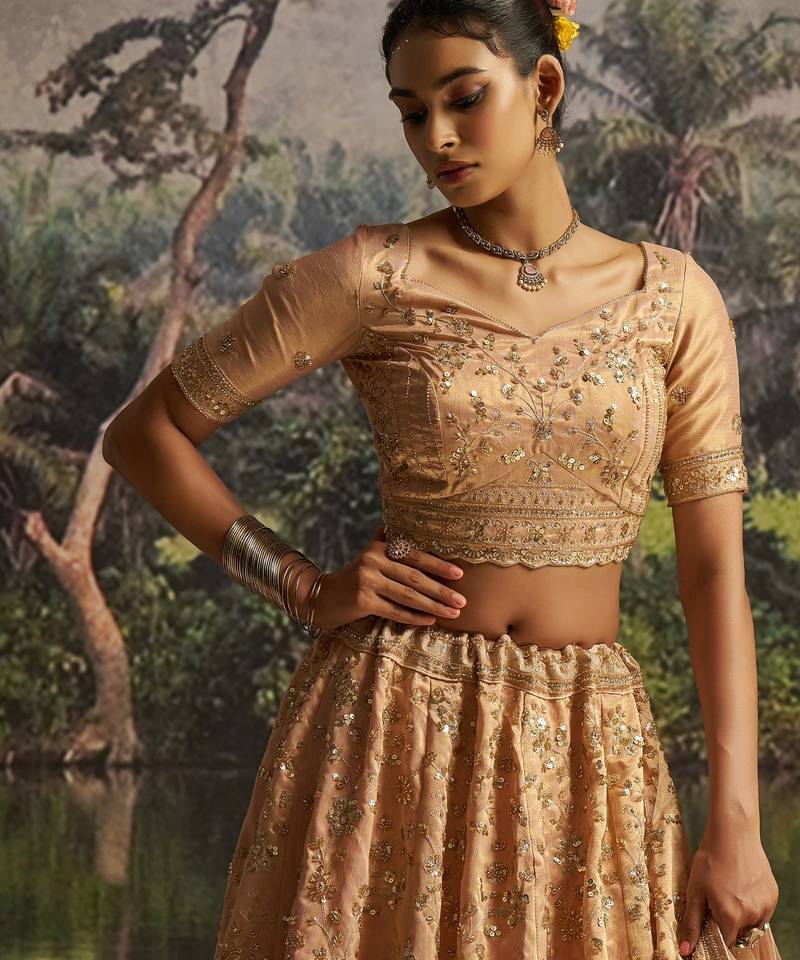 peach net embroidered lehenga choli with dupatta