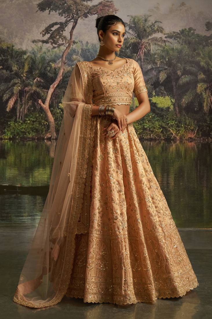 peach net embroidered lehenga choli with dupatta