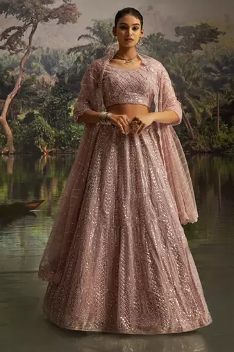 mauve net embroidered lehenga choli with dupatta