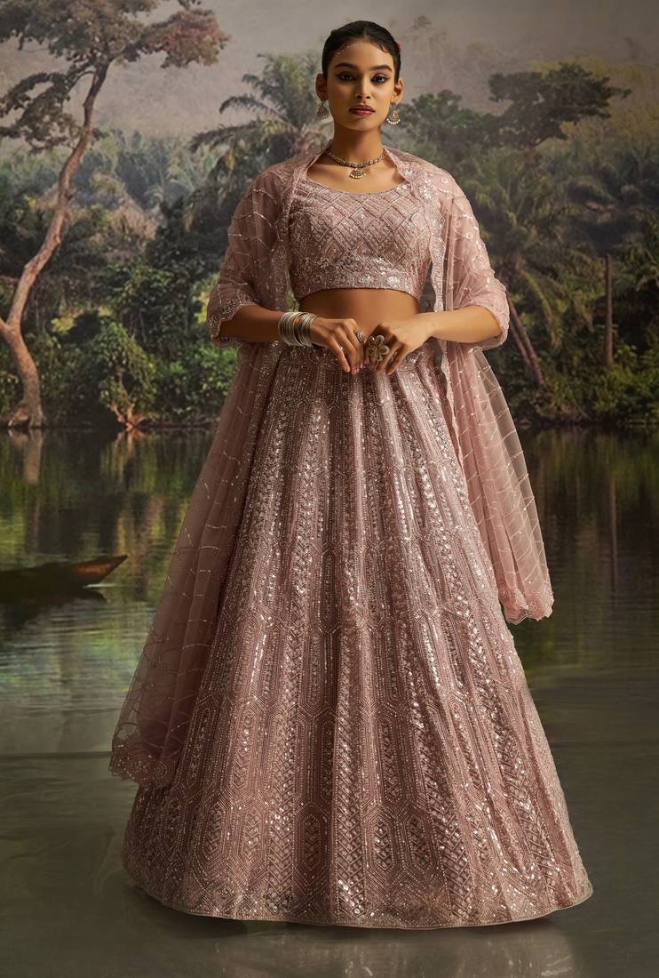 mauve net embroidered lehenga choli with dupatta