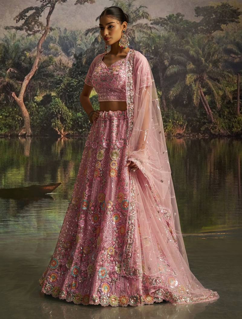 pink net embroidered lehenga choli with dupatta