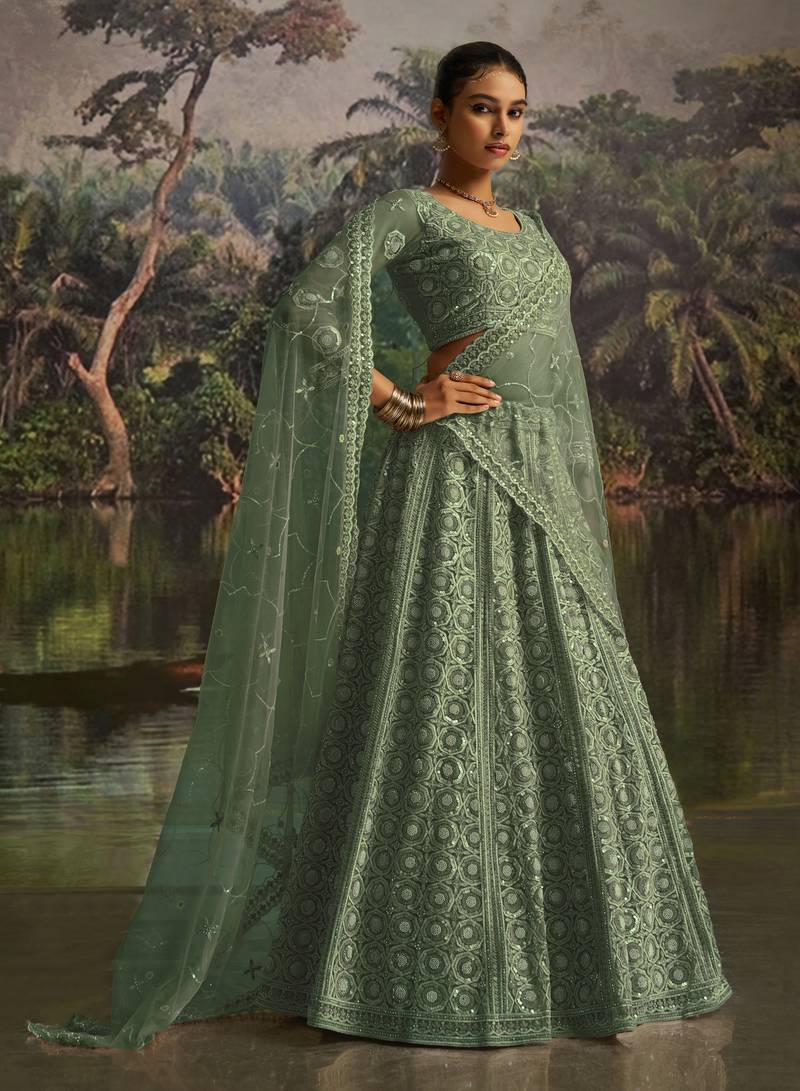 green net embroidered lehenga choli with dupatta