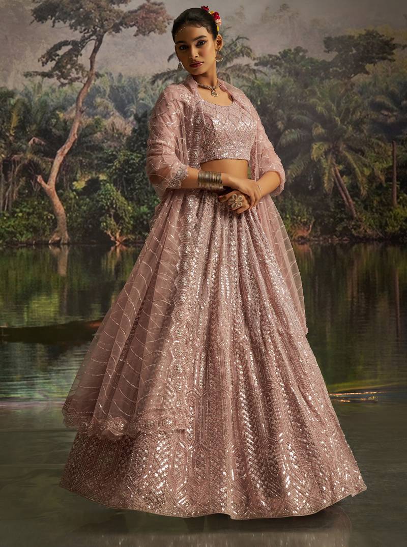 mauve net embroidered lehenga choli with dupatta