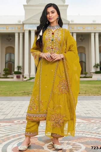 Yellow embroidered cotton semi-stitched pakistani salwar suit