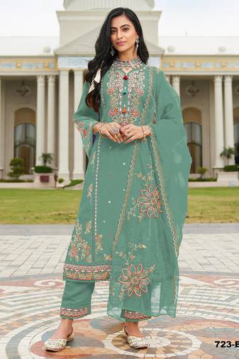 Green embroidered cotton semi-stitched pakistani salwar suit