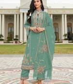 Green embroidered cotton semi-stitched pakistani salwar suit
