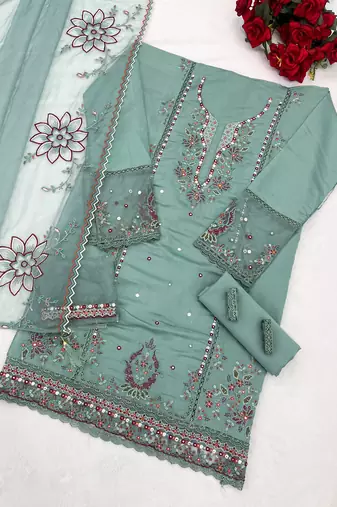 Green embroidered cotton stitched salwar suit