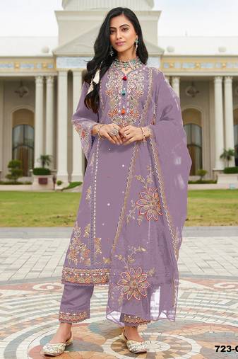 Purple embroidered cotton semi-stitched pakistani salwar suit