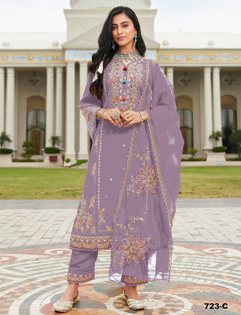 Purple embroidered cotton semi-stitched pakistani salwar suit