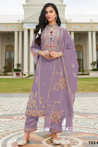 Purple embroidered cotton stitched salwar suit