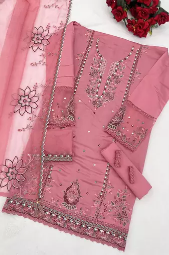 Pink embroidered cotton stitched salwar suit