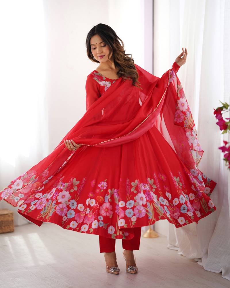Red Floral printed organza anarkali kurta with cotton silk pant and dupatta