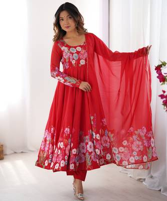 Red Floral printed organza anarkali kurta with cotton silk pant and dupatta 2