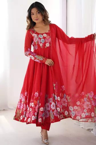 Red Floral printed organza anarkali kurta with cotton silk pant and dupatta