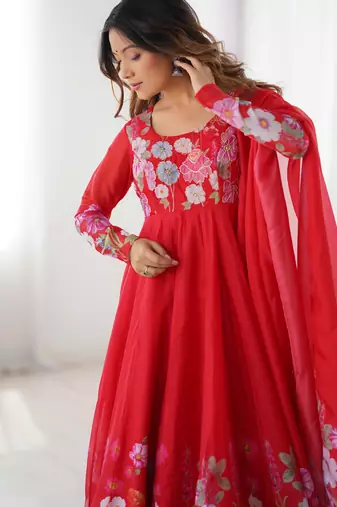 Red Floral printed organza anarkali kurta with cotton silk pant and dupatta