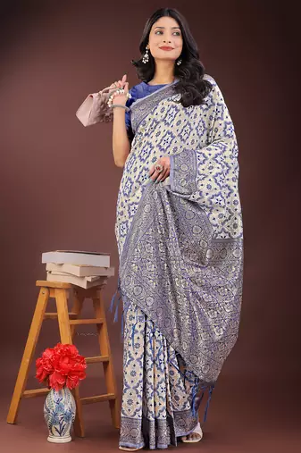 blue color woven work linen cotton saree