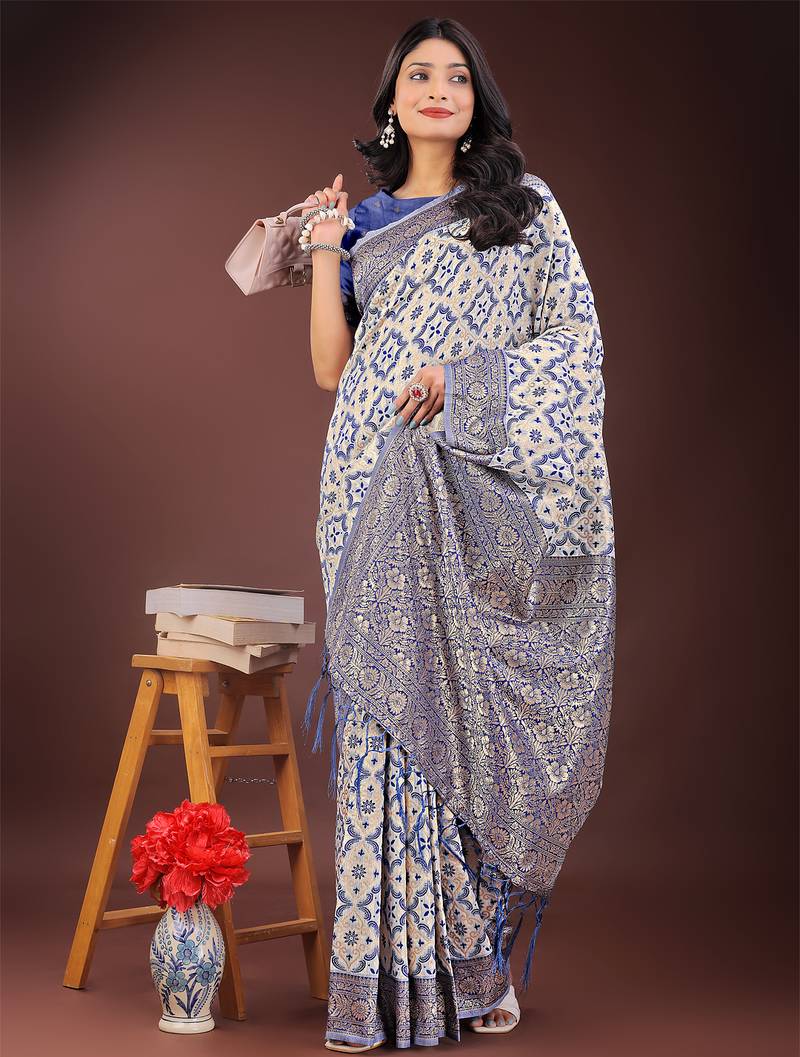 blue color woven work linen cotton saree