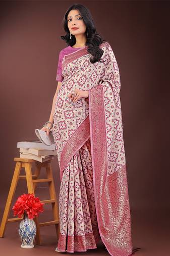 pink color woven work linen cotton saree