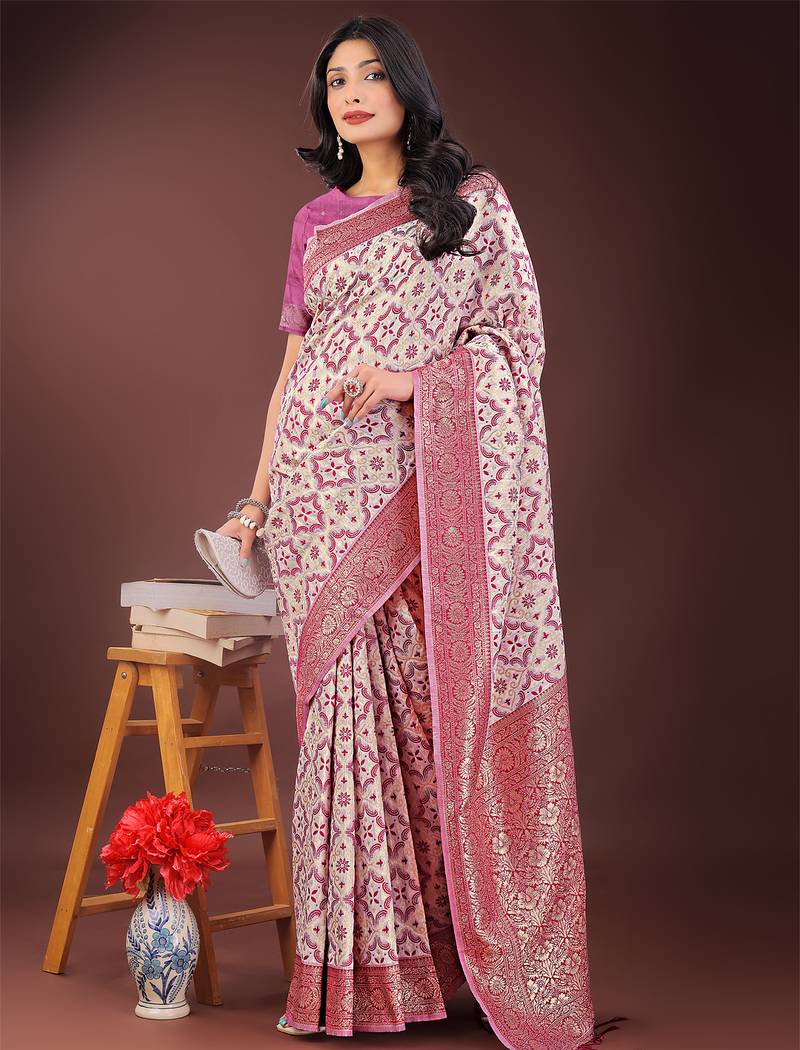 pink color woven work linen cotton saree