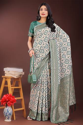 green color woven work linen cotton saree