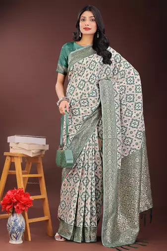 green color woven work linen cotton saree
